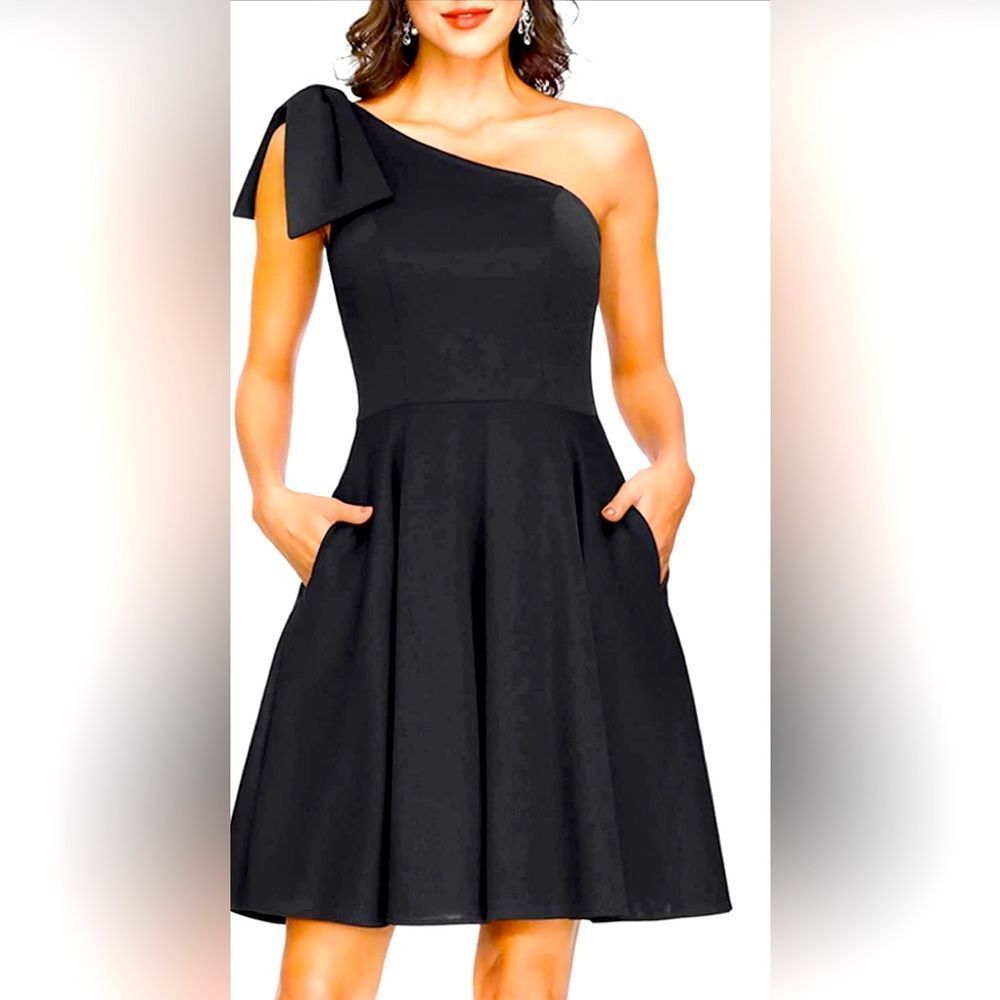 Women's One Shoulder Bow Dress with Pockets A-line Event Dress Size M